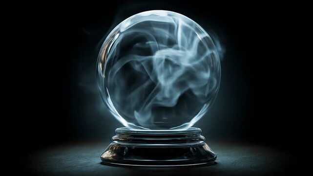 Empty crystal ball for future prediction with smoke on dark background. 4k animation video