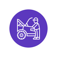 Illustration of a mechanic working on a car with the hood up in a purple circle