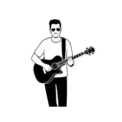 Fototapeta premium Black and white line art of a cool man playing guitar in casual outfit minimalist stylish illustration