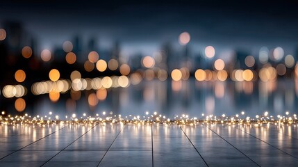 Blurred Cityscape Reflected in Water with Bokeh Lights on Surface and Golden Illumination Creates an Atmospheric Urban Night Scene