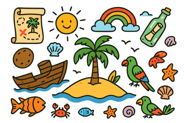 Fototapeta premium Deserted Island Adventure. Colorful Hand-drawn doodle Children illustration deserted island palm tree, broken boat, treasure map,
