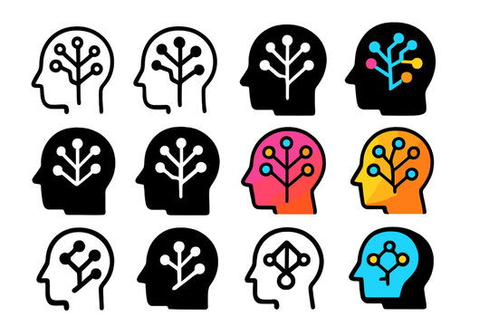 Knowledge Expansion Logos. Set Logo of Knowledge Expansion: head silhouette with branching network. Logo set in vector style, emblematic variations. line, bold