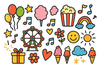 Carnival Doodle Fun. Colorful Hand-drawn doodle Children illustration Carnival Balloons [balloon, ferris wheel, cotton candy,