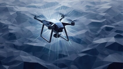 Futuristic drone soaring through abstract digital landscape, representing innovation and advanced technology in modern industry.