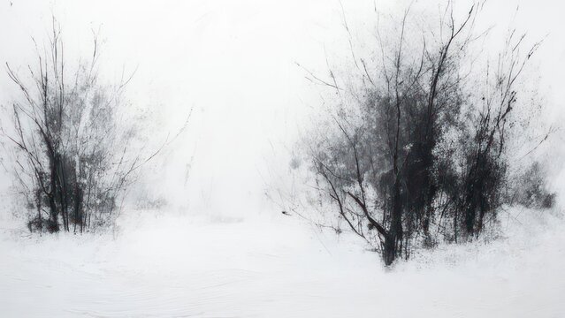 Enchanting minimalist winter landscape with silhouetted bare trees against a soft, ethereal white backdrop, evoking serene solitude and quiet beauty.
