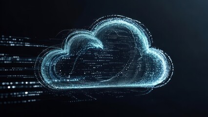 Dynamic digital cloud formation with glowing particles and data streams, representing futuristic technology and connectivity