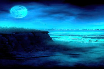Nighttime coastal scene with a large moon