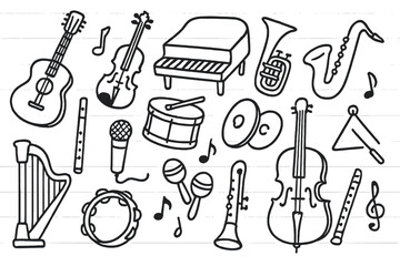 Musical Instruments Doodle. Hand-drawn doodle illustration Musical instrument collection [guitar, violin, piano, drum, trumpet, saxophone, flute, microphone,
