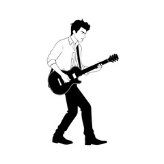 Black and white line art of a cool man playing guitar in casual outfit minimalist stylish illustration