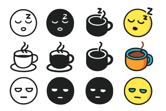 Low Energy Icons. Icon Set of Low Energy: Sleepy face, Coffee cup, Drooping eyelids. Icons set in vector style, emblematic variations. Sleepy face line, Sleepy