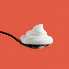 A spoonful of dreamy whipped cream delight a moment of pure indulgence on a black spoon against a vibrant coral