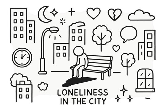 City Loneliness Doodle. Hand-drawn doodle illustration Loneliness in the city [tall buildings, streetlight, bench, lone figure, moon, star, sparkle, heart,