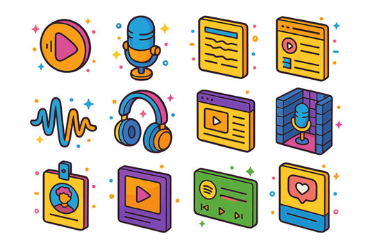 Colorful Podcast Icon Set. Colorful isometric vector icons set of Podcast & Audio Branding: podcast logo, mic icon, intro script card, episode playlist,