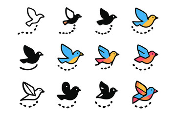 Bird Migration Logos. Set Logo of Migration Routes: Bird flight path. Logo set in vector style, emblematic variations. line, bold thick line, solid black