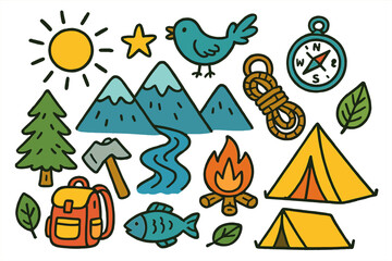 Naklejka premium Wilderness Adventure Icons. Wilderness. Colorful Hand-drawn doodle Children illustration mountain, river, tree, campfire, tent, fish, axe, bird, compass, rope,