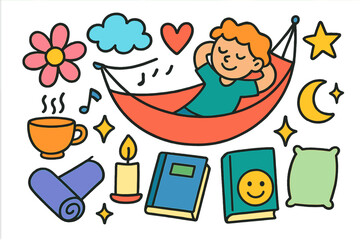 Fototapeta premium Relaxing Doodle Montage. Relaxation. Colorful Hand-drawn doodle Children illustration hammock, tea cup, candle, flower, star, heart, cloud, book, music note,