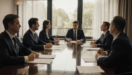 Professional business team collaborates intently around polished table, discussing important strategy documents in modern boardroom setting