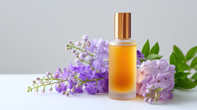Elegant perfume bottle surrounded by vibrant purple flowers on a clean white surface for beauty and fragrance concepts
