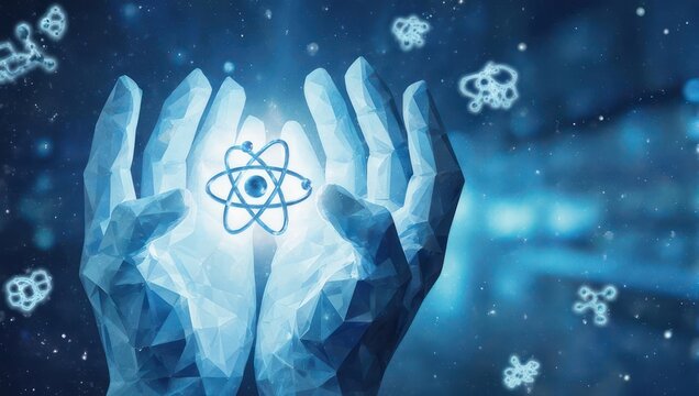 Discovering the secrets of the universe, two glowing hands cradle a luminous atom symbol amidst a cosmic expanse filled with molecular structures and stardust.