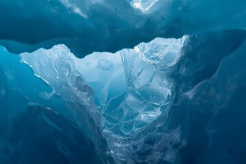 Fototapeta premium Air trapped inside ice, glacier macro, abstract blue wallpaper. Interesting frozen texture, natural shapes