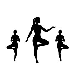 Yoga Silhouette Illustration Featuring Tree Pose Variations for Wellness and Fitness Content, suitable for health blogs, yoga studio promotions, and fitness app designs.