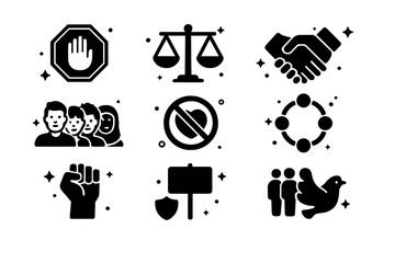 Diversity and Unity Icons. Anti-Discrimination. Solid icons set of stop sign, equality scale, handshake, diverse faces, no hate