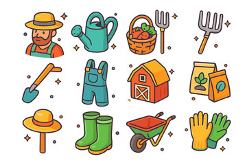 Colorful Farming Icons. Colorful isometric vector icons set of Farmers: farmer with straw hat, watering can, basket of vegetables, pitchfork, hoe tool,