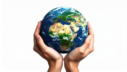 Two hands gently cradle a detailed globe against a stark white backdrop