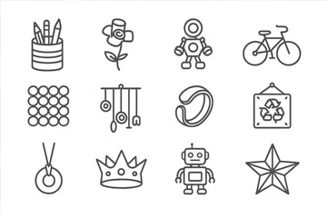 Metal Craft Icons. Metal crafts. Line icon set of metal crafts: tin can pencil holder, soda can flower, nut and bolt sculpture,