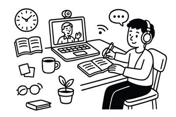Fototapeta premium Online Lecture Essentials. Hand-drawn doodle illustration A student taking notes during an online lecture via video call laptop,