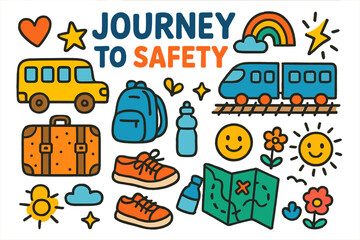 Naklejka premium Journey to Safety Icons. Colorful Hand-drawn doodle Children illustration Journey to Safety [bus, train, suitcase, backpack, shoes