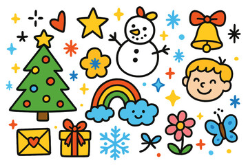 Whimsical Christmas Doodles. Colorful Hand-drawn doodle Children illustration Christmas Card Fun Christmas tree, snowman, star, heart, bell, rainbow, envelope,