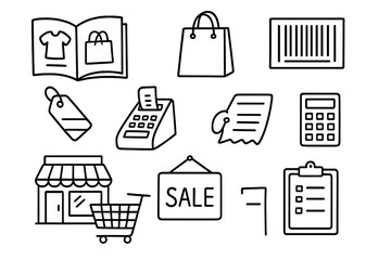 Retail Doodle Icons. Retail. Hand-drawn doodle illustration catalog, shopping bag, barcode, cash register, price tag, receipt, store building, cart,