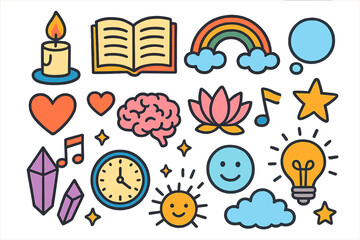 Mindful Doodle Icons. Colorful Hand-drawn doodle Children illustration mindful concentration candle, open book, lotus flower, rainbow, music note, heart, brain