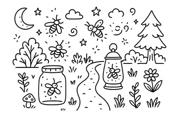 Forest Fireflies Doodle. Hand-drawn doodle illustration Fireflies near the forest [firefly, glowing spark, tree, bush, grass, leaf, flower, mushroom, moon,