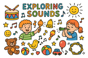 Children's Musical Adventure. Colorful Hand-drawn doodle Children illustration Exploring sounds drum, rattle, bell, whistle,