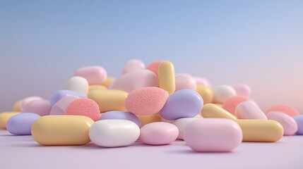 Colorful Assortment of Candy and Tablets on a Soft Gradient Background for Sweetness and Health Concepts