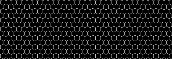 Honeycomb seamless golden geometric pattern on black background.