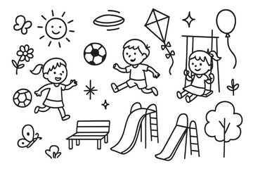 Playful Park Doodles. Hand-drawn doodle illustration Kids&rsquo; park adventure [child figures, soccer ball, kite, frisbee, butterfly,
