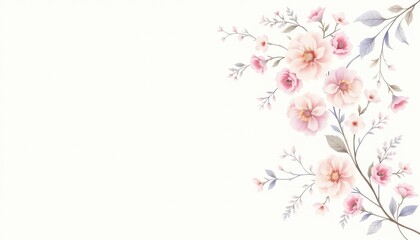 Fototapeta premium Delicate floral design with a cascade of soft pink blossoms and muted green foliage on a creamy background