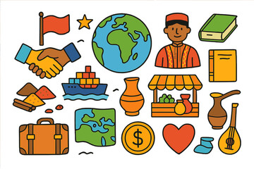 Cultural Trade Illustrations. Colorful Hand-drawn doodle Children illustration The role of trade in cultural diversity and exchange globe, handshake, cargo