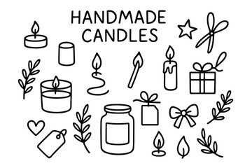 Handmade Candle Doodles. Handmade Candles. Hand-drawn doodle illustration handmade candles jar, wax, wick, scissors, matchstick, flame, ribbon, star, heart,