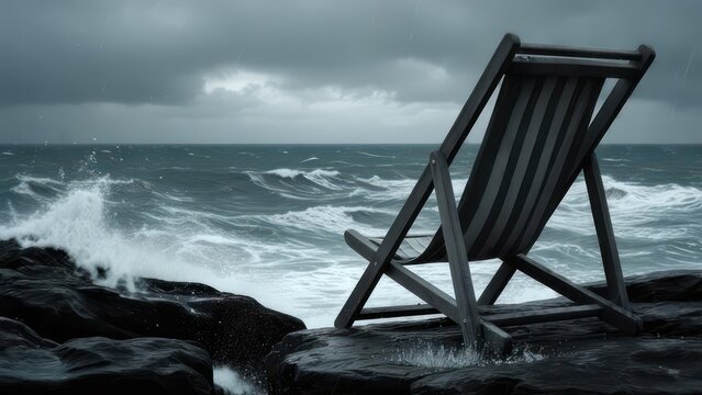 Solitary deck chair faces stormy seas and crashing waves on rugged coastline under dramatic, overcast skies, conveying isolation and powerful nature.