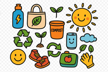 Eco-Friendly Kids Doodles. Colorful Hand-drawn doodle Children illustration Planet-friendly habits reusable bottle, cloth bag, smiley sun, recycling sign,