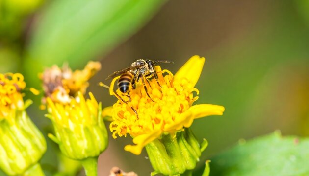 Bee pollinating vibrant yellow flower - Powered by Adobe