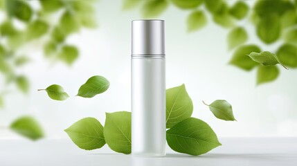 Elegant Transparent Bottle Surrounded by Fresh Green Leaves on a Soft Background for Natural Product Presentation