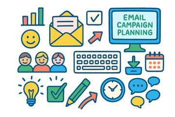 Creative Email Campaign. Colorful Hand-drawn doodle Children illustration Email Campaign Planning envelope, computer screen, open mail icon, checkmark,