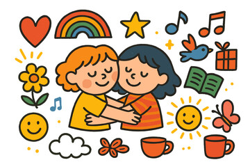 Colorful Childhood Doodles. Colorful Hand-drawn doodle Children illustration Deep Connection [heart, hug, rainbow, star, flower,