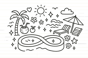 Tropical Pool Doodle. Hand-drawn doodle illustration Tropical infinity pool [infinity pool, palm tree, coconut drink, wave, sun, cloud, sparkle, star, flower,