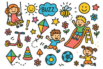 Vibrant Playground Chaos. Colorful Hand-drawn doodle Children illustration Playground Buzz kids playing, slide, swing, ball, shout bubble, sun, bee, smiley